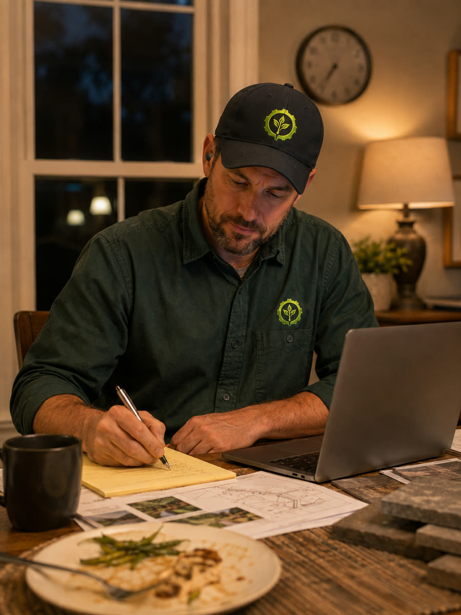 Contractor writing an estimate at the kitchen table at night, next to a laptop and a half eaten dinner