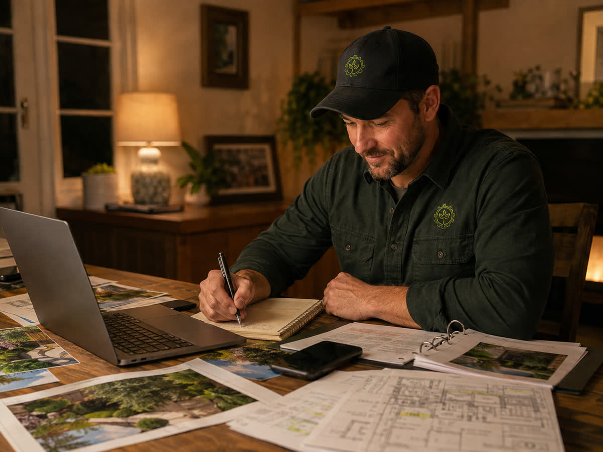 The same contractor at a table at night, working through printed renders, proposals and notes