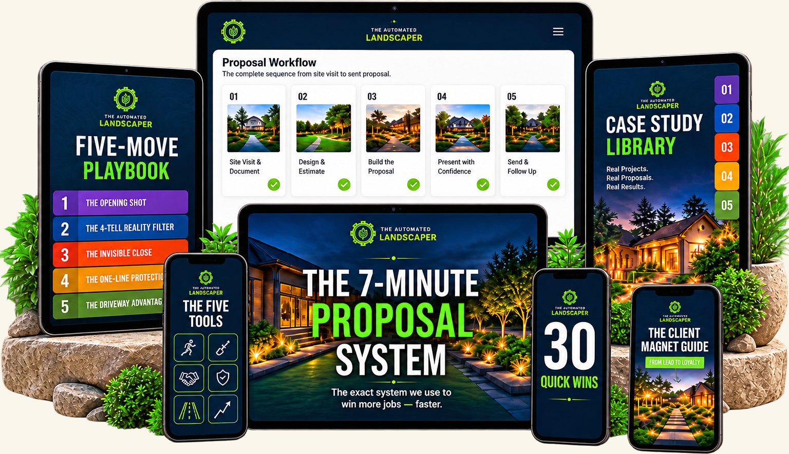 The 7-Minute Proposal System shown across a laptop, tablets and phones: the manual, the Five-Move Playbook, the five tools, the Case Study Library, 30 Quick Wins and the Client Magnet Guide