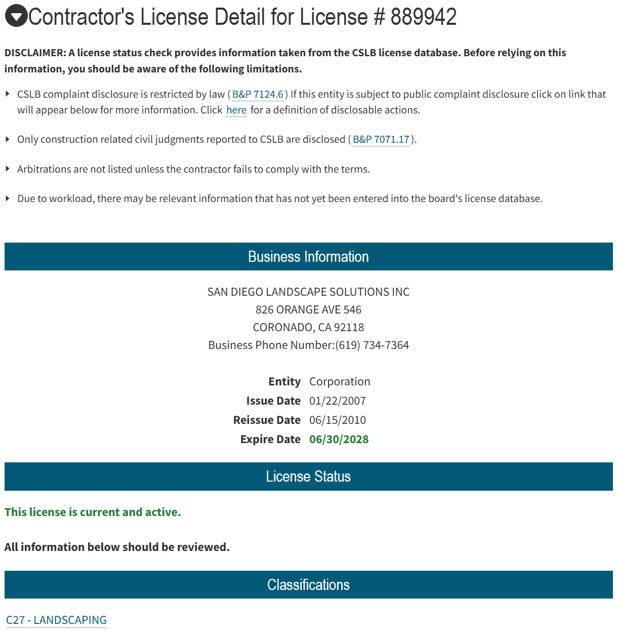 The CSLB record for contractor's license number 889942, San Diego Landscape Solutions Inc: issued January 2007, current and active, classification C27 landscaping