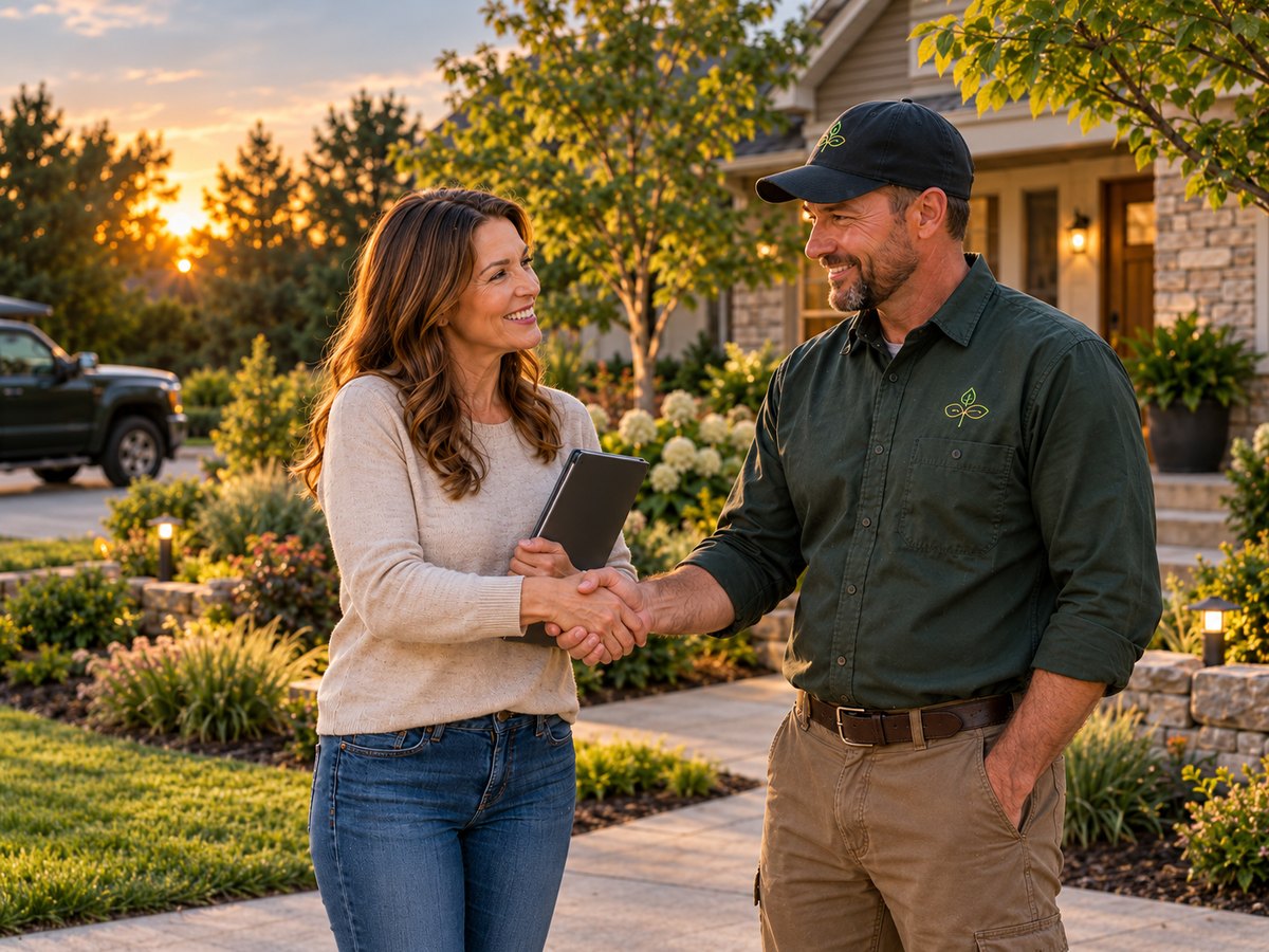 The same contractor shaking hands with a homeowner in her front yard at sunset, the proposal still in her other hand