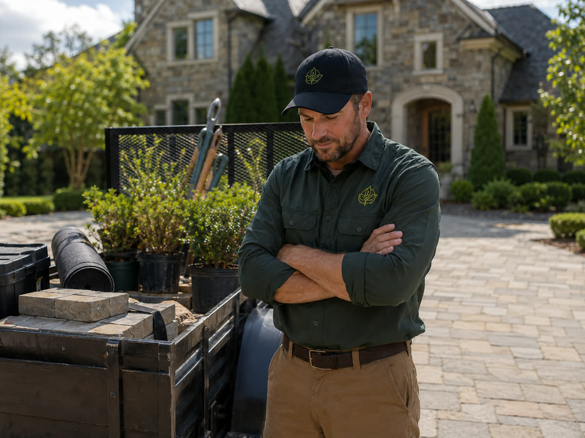 A landscape contractor standing beside a trailer loaded with pavers, plants and materials in a residential driveway