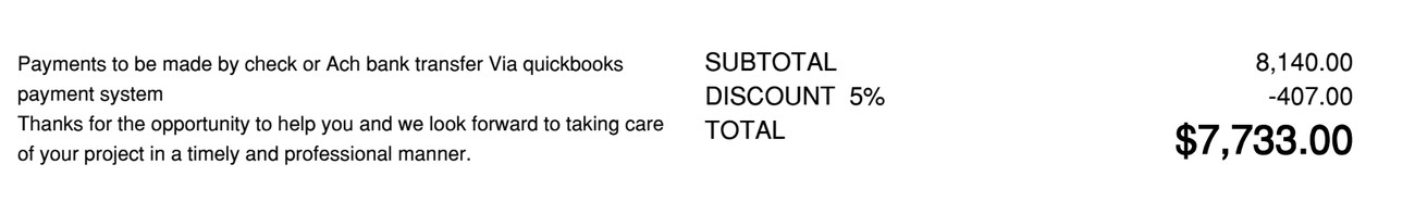 A cropped section of the revised proposal showing the subtotal, the discount and the total