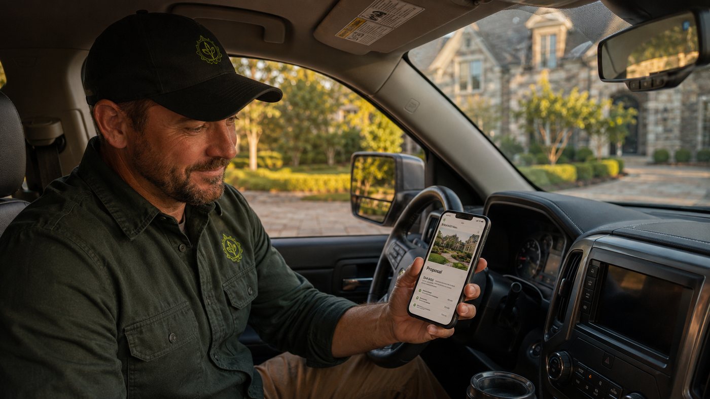 A contractor in his truck holding up his phone with the finished proposal on the screen, the customer’s house behind him